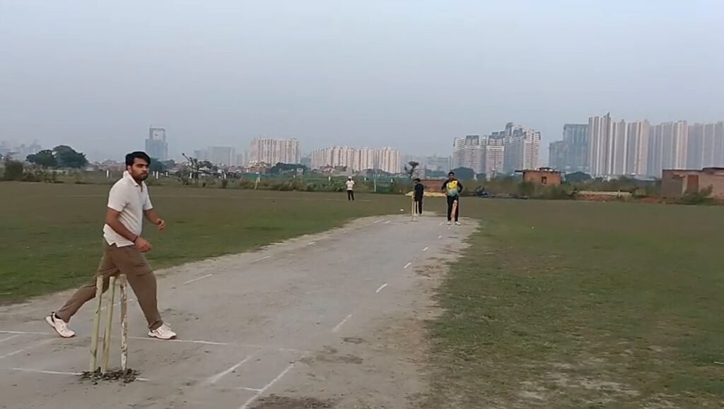 Bowler running in during the Kingslayer run chase, filmed from behind the stumps