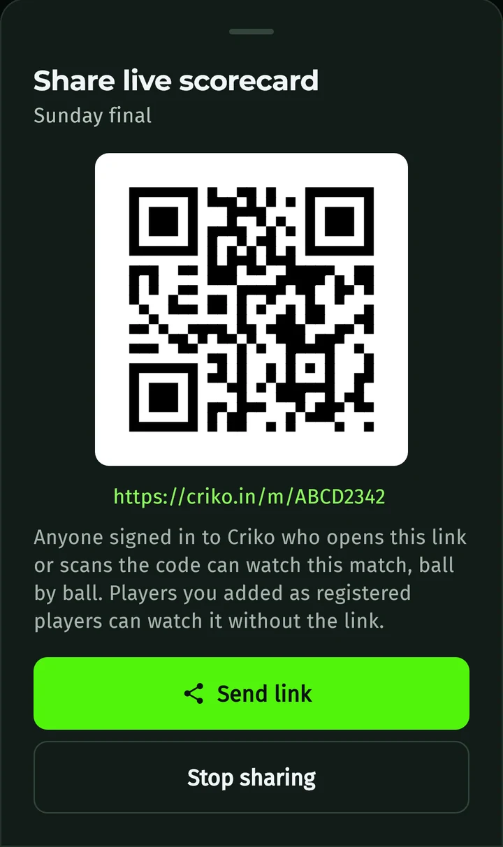 Criko share sheet with a QR code, the match link and buttons to send the link or stop sharing