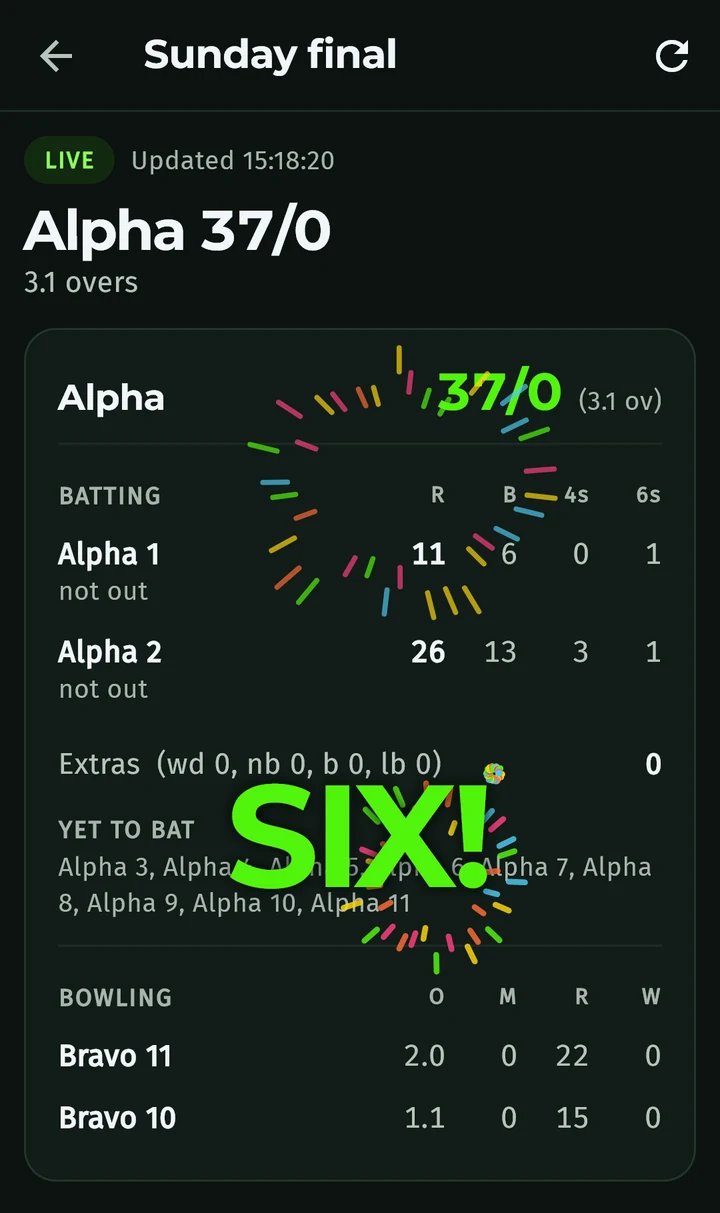 Criko live scorecard celebrating a six with fireworks