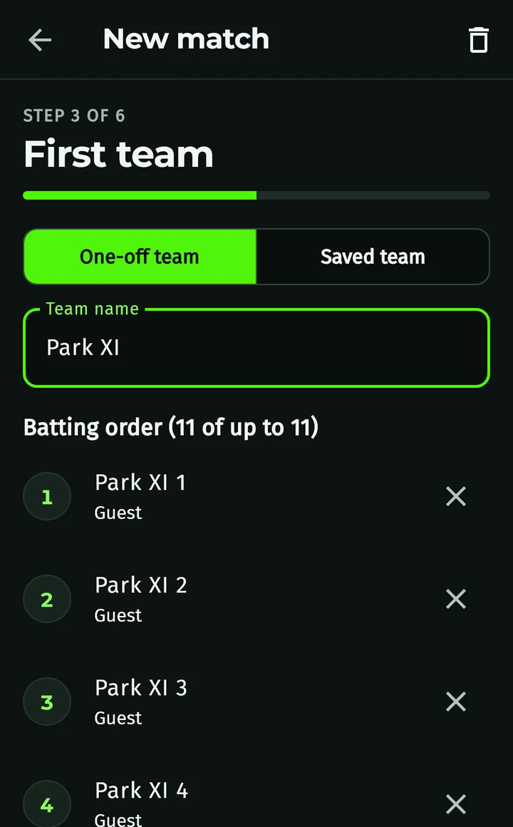 Criko match setup: naming a one-off team or picking a saved team, with the batting order