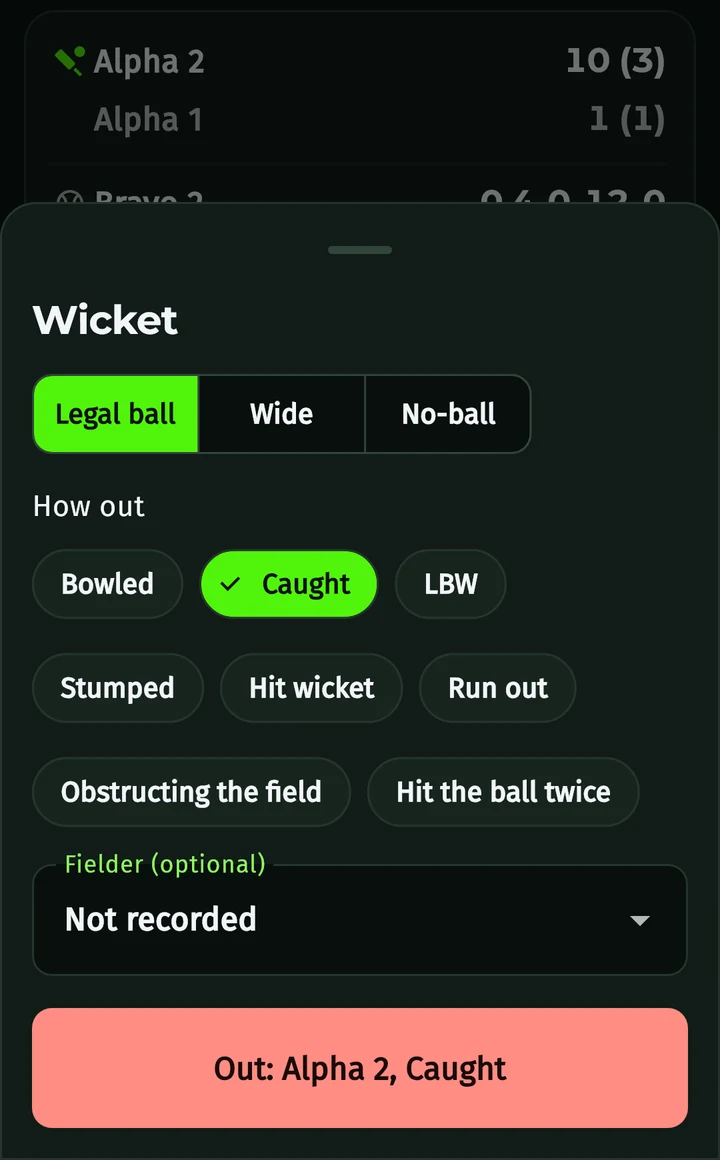 Criko wicket sheet with every way of getting out and an optional fielder