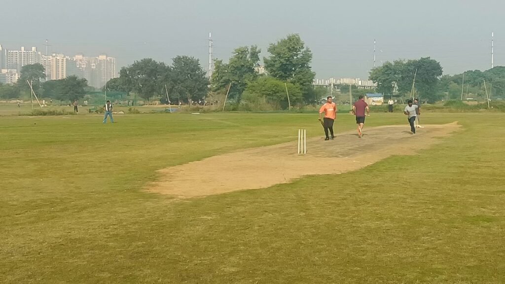 Early morning at Mid On Cricket Ground in Greater Noida during a 20-over tennis-ball match